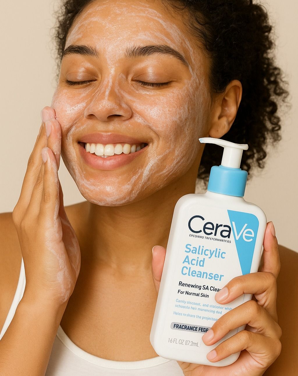Smiling woman applying CeraVe Salicylic Acid Cleanser to her face for skincare routine.