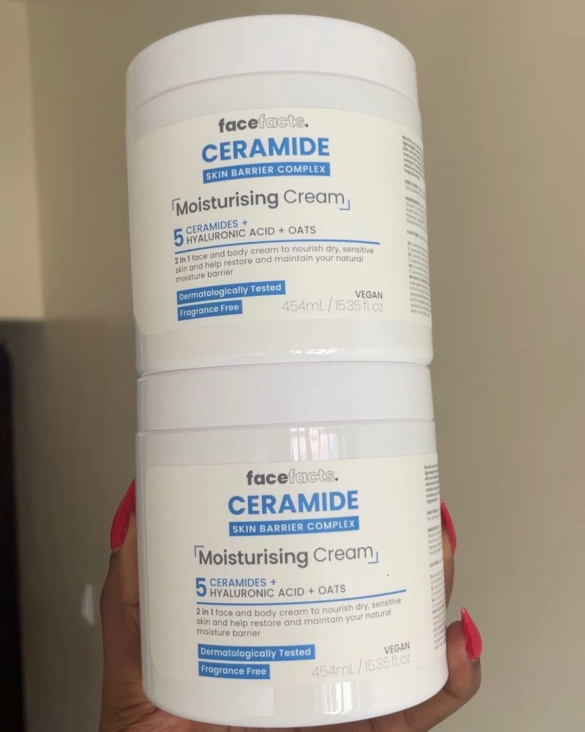 Face Facts Ceramide Skin Barrier Complex Moisturising Cream 454ml tubs, fragrance-free, vegan, with 5 ceramides, hyaluronic acid and oats, for nourishing dry and sensitive skin.